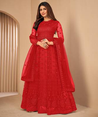 Provocative Red Net Semi-Stitched Wedding Salwar Kameez 1