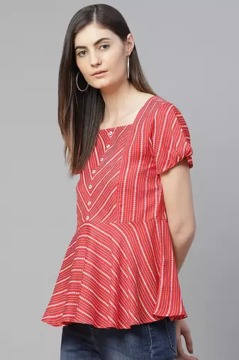  women's rayon stripe printed regular top (red)