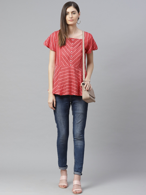  women's rayon stripe printed regular top (red) 4