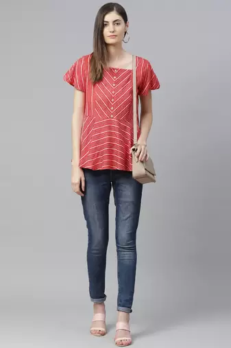  women's rayon stripe printed regular top (red)