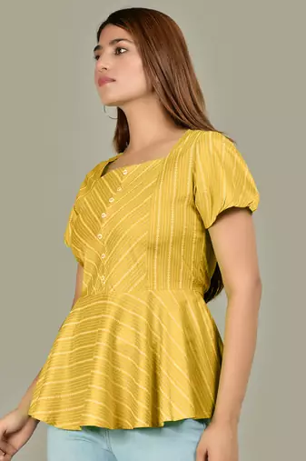  women's rayon stripe printed regular top (mustard)