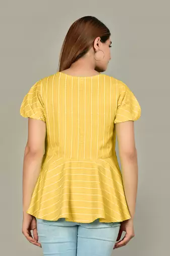  women's rayon stripe printed regular top (mustard)