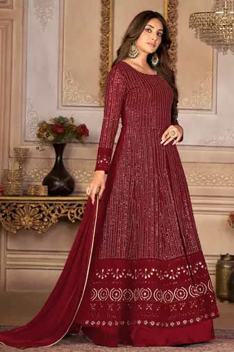 Pleasing Maroon Faux Georgette Semi-Stitched Ethnic Suits