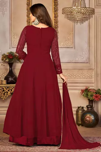 Pleasing Maroon Faux Georgette Semi-Stitched Ethnic Suits
