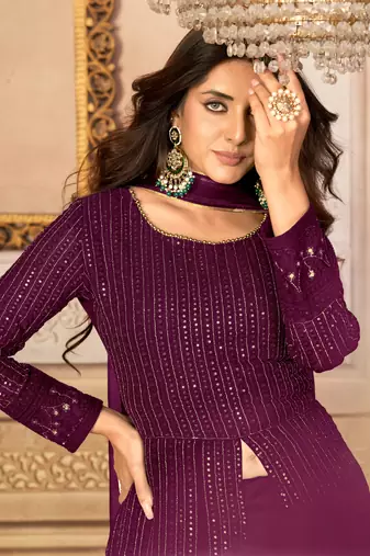 Pleasant Purple Faux Georgette Semi-Stitched Wedding Salwar Kameez