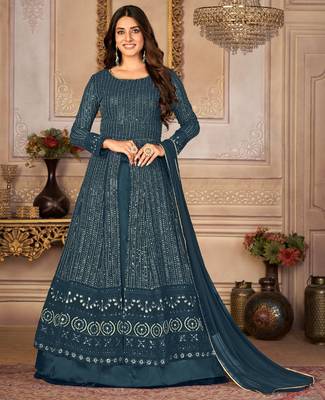 Agreeable Teal Blue Faux Georgette Semi-Stitched Festive Salwar Suits 1