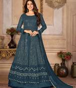 Agreeable Teal Blue Faux Georgette Semi-Stitched Festive Salwar Suits