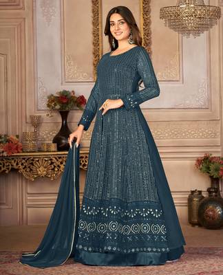Agreeable Teal Blue Faux Georgette Semi-Stitched Festive Salwar Suits 3