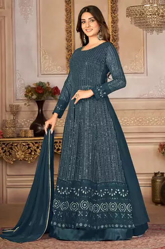 Agreeable Teal Blue Faux Georgette Semi-Stitched Festive Salwar Suits