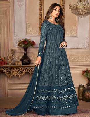 Agreeable Teal Blue Faux Georgette Semi-Stitched Festive Salwar Suits 4
