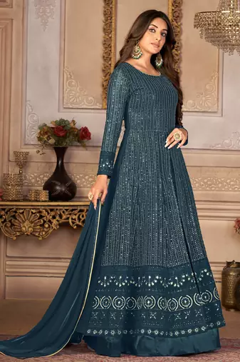 Agreeable Teal Blue Faux Georgette Semi-Stitched Festive Salwar Suits