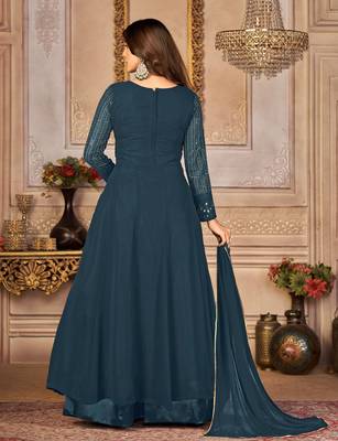 Agreeable Teal Blue Faux Georgette Semi-Stitched Festive Salwar Suits 5