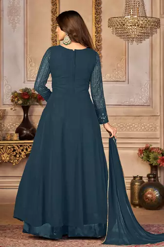 Agreeable Teal Blue Faux Georgette Semi-Stitched Festive Salwar Suits