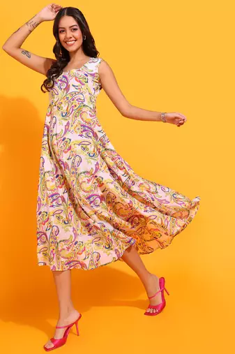  women's printed chiffon arabic neck anarkali dress (multi)
