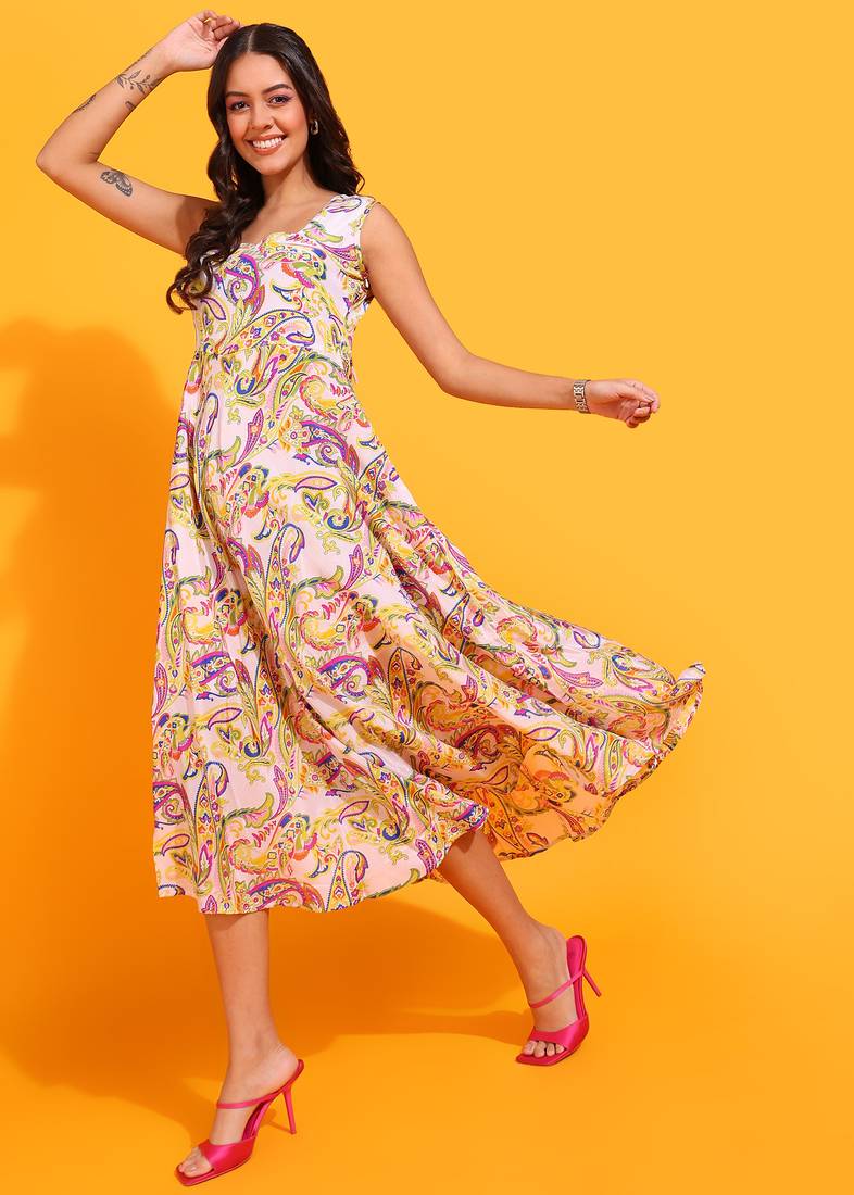 Yash gallery women's printed chiffon arabic neck  anarkali dress (multi)