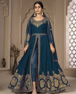Cute Teal Blue Faux Georgette Semi-Stitched Salwar Kameez 1