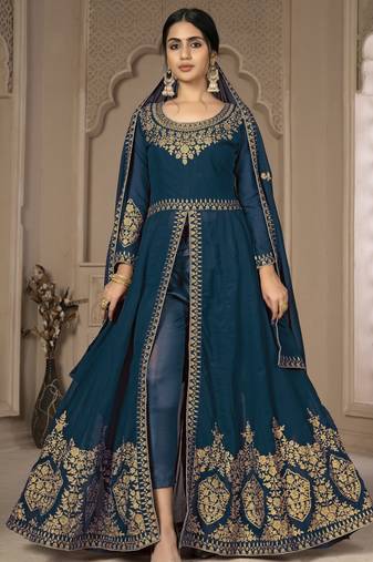 Cute Teal Blue Faux Georgette Semi-Stitched Salwar Kameez