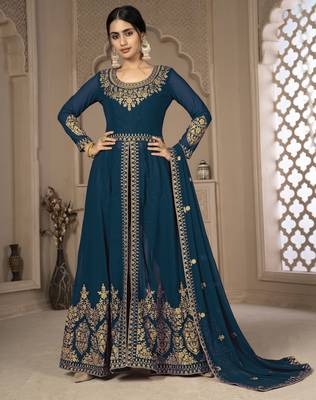 Cute Teal Blue Faux Georgette Semi-Stitched Salwar Kameez 3