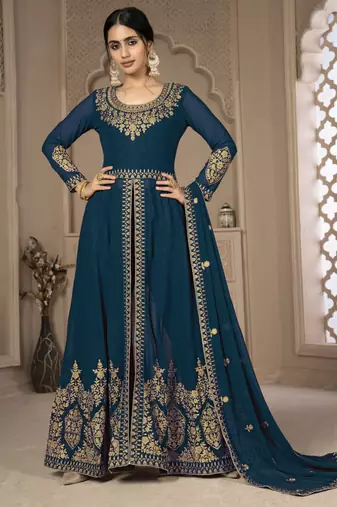 Cute Teal Blue Faux Georgette Semi-Stitched Salwar Kameez