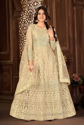 Sweet Cream Net Semi-Stitched Party Wear Salwar Kameez 1
