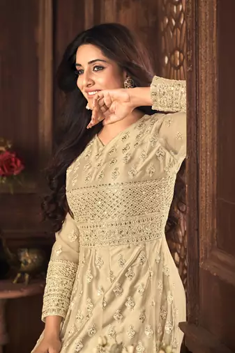 Sweet Cream Net Semi-Stitched Party Wear Salwar Kameez