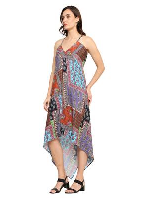  women's polyester patch digital printed maxi dress v-neck summer boho dress (multi) 2