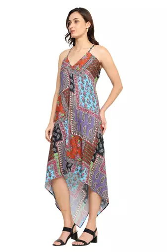  women's polyester patch digital printed maxi dress v-neck summer boho dress (multi)