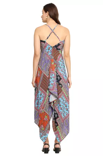  women's polyester patch digital printed maxi dress v-neck summer boho dress (multi)