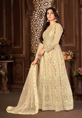 Sweet Cream Net Semi-Stitched Party Wear Salwar Kameez 4