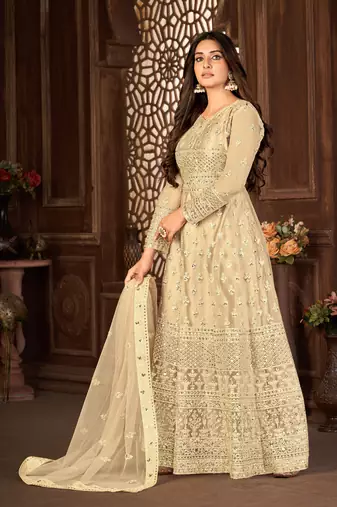 Sweet Cream Net Semi-Stitched Party Wear Salwar Kameez