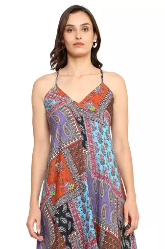  women's polyester patch digital printed maxi dress v-neck summer boho dress (multi)