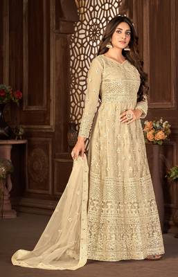 Sweet Cream Net Semi-Stitched Party Wear Salwar Kameez 5