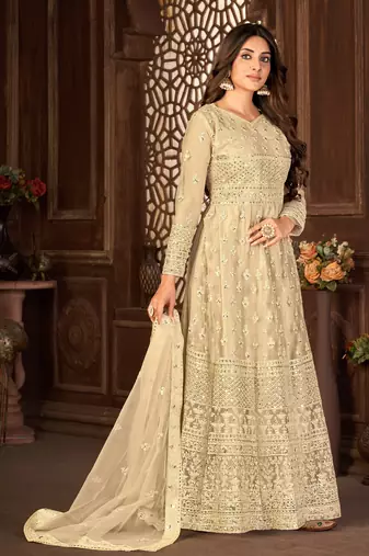 Sweet Cream Net Semi-Stitched Party Wear Salwar Kameez