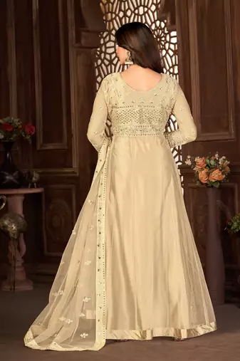 Sweet Cream Net Semi-Stitched Party Wear Salwar Kameez