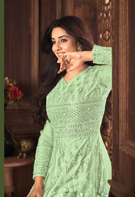 Good-Looking Green Net Semi-Stitched Ethnic Suits 2