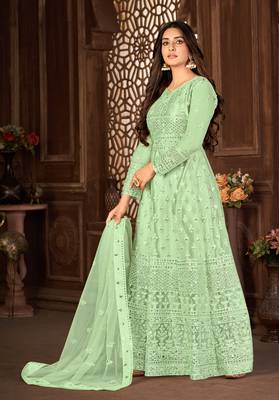 Good-Looking Green Net Semi-Stitched Ethnic Suits 3