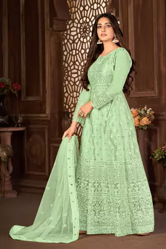 Good-Looking Green Net Semi-Stitched Ethnic Suits