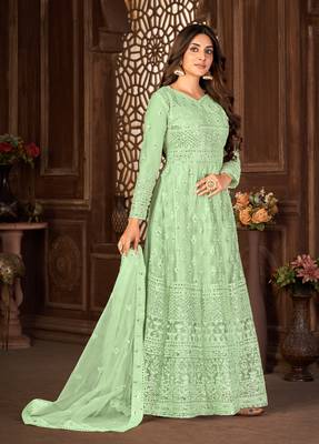 Good-Looking Green Net Semi-Stitched Ethnic Suits 4