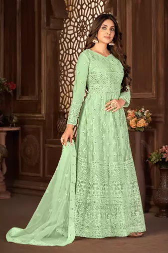 Good-Looking Green Net Semi-Stitched Ethnic Suits