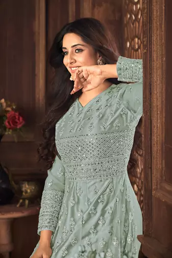 Grey Net Semi-Stitched Wedding Salwar Kameez
