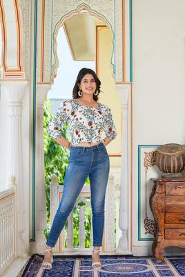  women's floral printed smoking top (white) 2