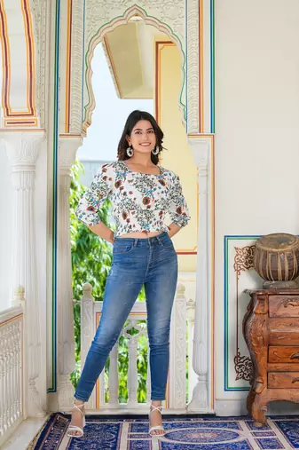  women's floral printed smoking top (white)