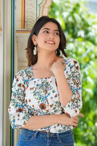  women's floral printed smoking top (white)