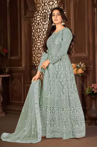 Grey Net Semi-Stitched Wedding Salwar Kameez