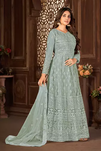 Grey Net Semi-Stitched Wedding Salwar Kameez