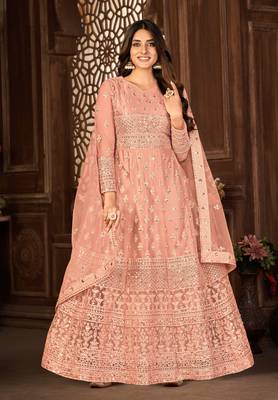 Striking Peach Net Semi-Stitched Festive Salwar Suits 1