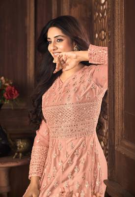 Striking Peach Net Semi-Stitched Festive Salwar Suits 2