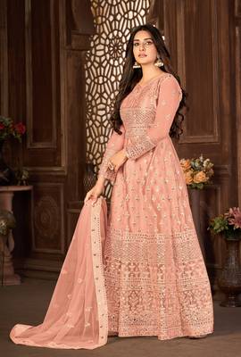 Striking Peach Net Semi-Stitched Festive Salwar Suits 3