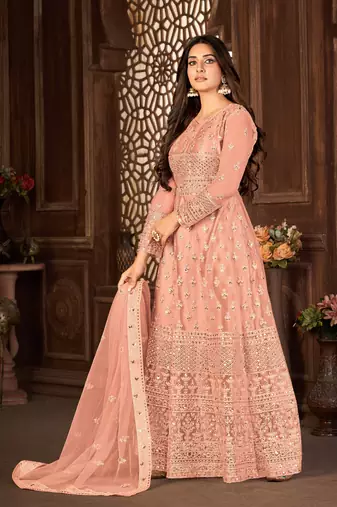 Striking Peach Net Semi-Stitched Festive Salwar Suits