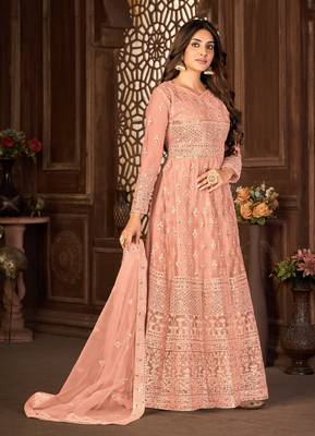 Striking Peach Net Semi-Stitched Festive Salwar Suits 4
